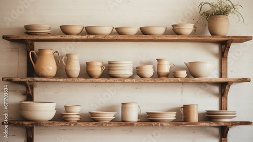 a serene mid-century crockery display on a rustic, weathered shelf in soft, natural light.