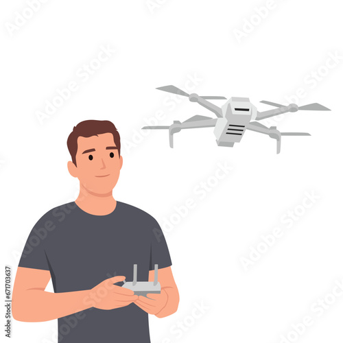Young man with drone quadrocopter, Remote aerial drone with a camera taking photography or video recording game, isometrics businessman. Flat vector illustration isolated on white background