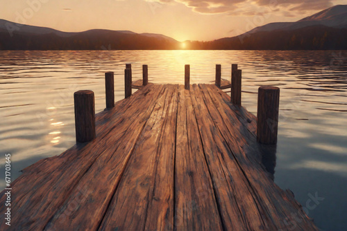 Beautiful empty wooden pathways with trees and a blue sky,  the calm ocean with the beautiful sunset over the horizon