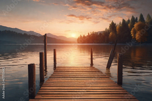 Beautiful empty wooden pathways with trees and a blue sky,  the calm ocean with the beautiful sunset over the horizon