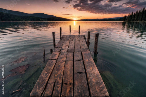Beautiful empty wooden pathways with trees and a blue sky,  the calm ocean with the beautiful sunset over the horizon