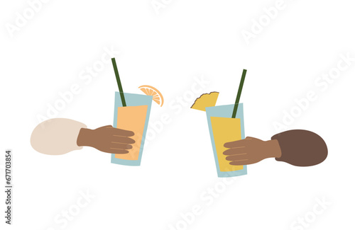 Afro women hands celebrating with nonalcoholic healthy cocktails. Holiday black hands hold different types of juice.