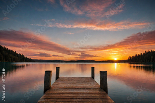 Beautiful empty wooden pathways with trees and a blue sky   the calm ocean with the beautiful sunset over the horizon