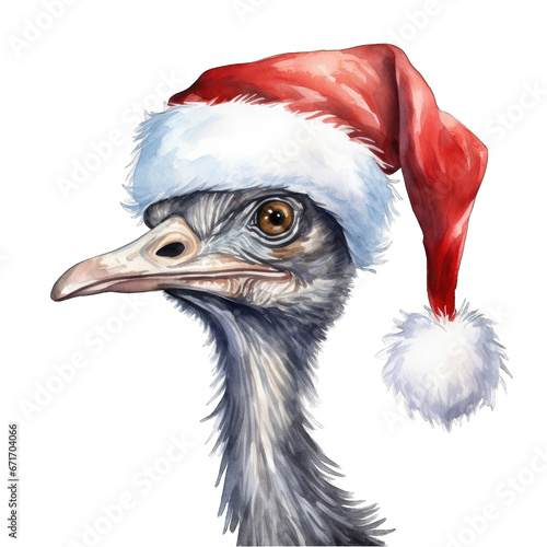 Ostrich wearing a Santa Claus hat for Christmas, isolated