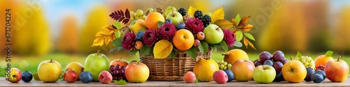 Banner wicker basket with autumn fruits and flowers on empty wooden table top on blurred background