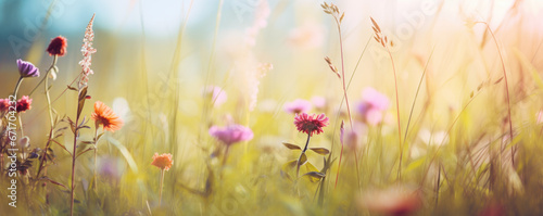 The landscape of colorful flowers in a forest with the focus on the setting sun. Soft focus 