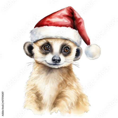 Meerkat wearing a santa hat for Christmas  isolated transparent background