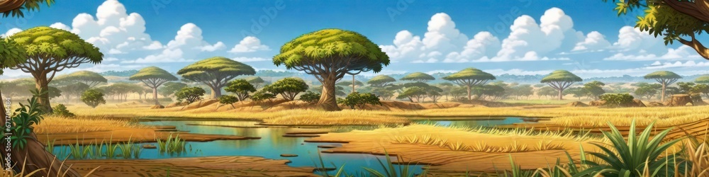 Obraz premium Banner panorama of bright savannah nature, background for your design