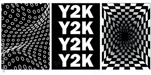 Set of abstract aesthetic y2k geometric elements and 3D wireframe shapes. Black and white retro design elements. Vector illustration for social media or posters.
