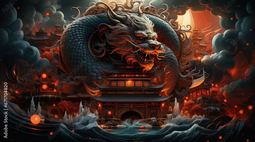 Dragon new year 2024, Chinese eastern calendar, mythical animal, power, nobility, honor, luck, success, holiday, card, poster, print, background, generative AI Dragon new year 2024, Chinese eastern calendar, mythical animal, power, nobility, honor, luck, success, holiday, card, poster, print, background, generative AI