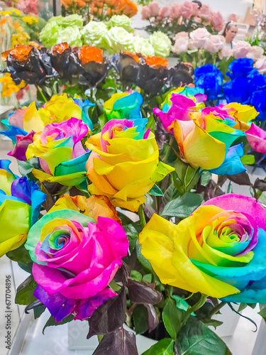 A lot of beautiful bright multi-colored roses of different colors.