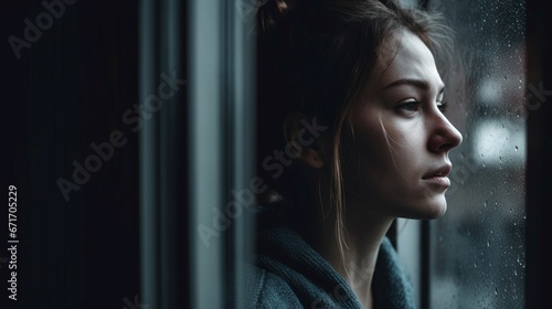 Sad young woman looking through the window. Depression and loneliness concept.