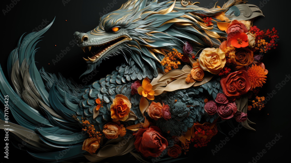 dragon with flowers, perfect for Christmas and New Year celebrations
