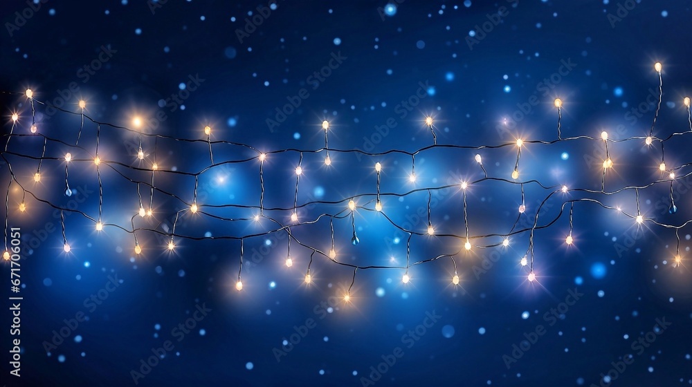 Christmas lights on blue background. Glowing garland.