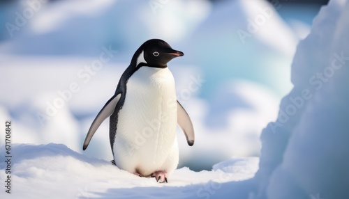 Photo of a Majestic Adelie Penguin on a Towering Snow Mound