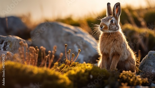 Photo of a Serene Hare Rabbit Enjoying the Vibrant Beauty of a Luxuriant Meadow