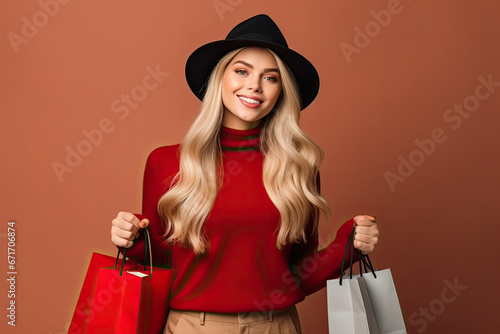 Christmas holiday  Beautiful woman in hat with Christmas gifts