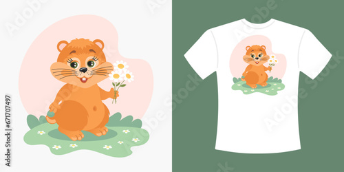 Children's T-shirt design with cute cartoon chipmunk and flowers. Drawing of a cartoon chipmunk on a T-shirt. Print for clothes. Illustration, vector