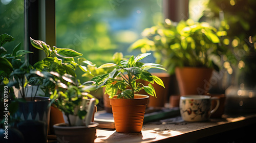 Indoor flowers on the windowsill.