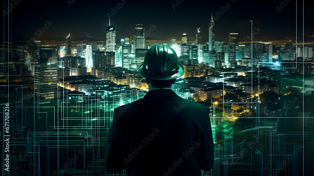 A man in a helmet looks at a glowing city skyline with digital lines and patterns overlaying the scene A man in a helmet looks at a glowing city skyline with digital lines and patterns overlaying the scene