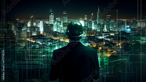 A man in a helmet looks at a glowing city skyline with digital lines and patterns overlaying the scene