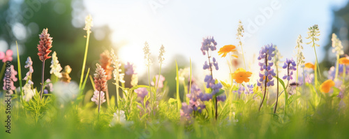 The landscape of colorful flowers in a forest with the focus on the setting sun. Soft focus 