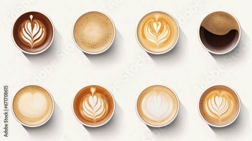 Set of cups of different coffee isolated on white background
