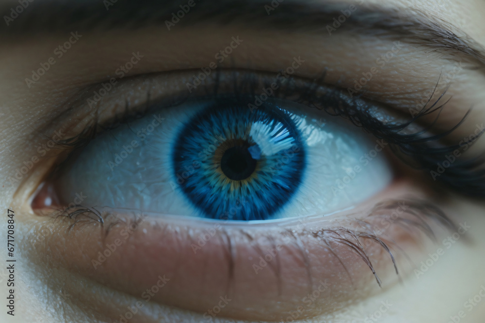Fototapeta premium Macro image of human blue eye Generative AI
