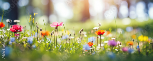 The landscape of colorful flowers in a forest with the focus on the setting sun. Soft focus 