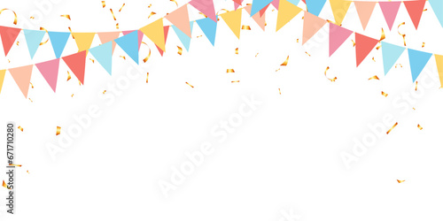 Frame colorful pastel bunting garland flag and confetti birthday decoration elements