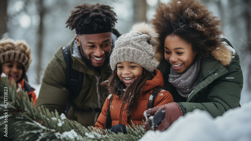 African American Black Family playing in snow at winter Christmas holiday season all smiles and love with daughter father mother children and parents. close up in winter clothes cold building snow man