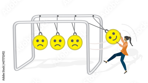Woman with Newtons cradle with bored and negative expressions and one smiling one. Try to create happiness in a group. Managing bad energy people. Isolated. Vector illustration.