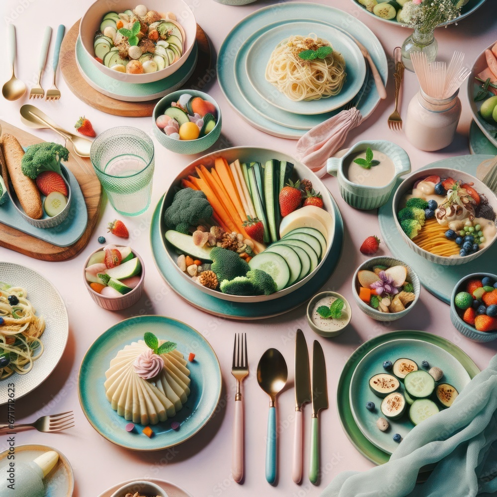 A vibrant spread of vegan delicacies, adorned with colorful vegetables and served on porcelain dishware, awaits on the table, beckoning for a feast of flavor and nourishment A vibrant spread of vegan delicacies, adorned with colorful vegetables and served on porcelain dishware, awaits on the table, beckoning for a feast of flavor and nourishment