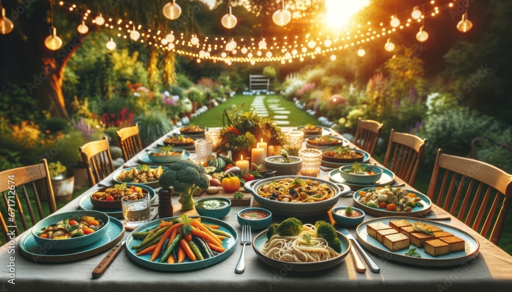 A vibrant vegan feast awaits, with a kaleidoscope of colorful dishes adorning the table, illuminated by string lights in an indoor banquet setting - obrazy, fototapety, plakaty 