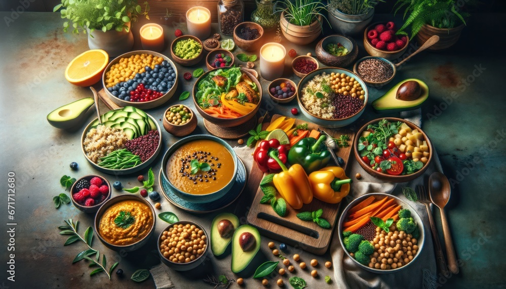 A vibrant display of plant-based goodness awaits on the indoor table, featuring an array of colorful and wholesome bowls filled with a variety of produce and vegan delights