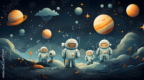 Cute planet with astronaut background for children in bright colors Illustration concept for a book or advertising © kitti