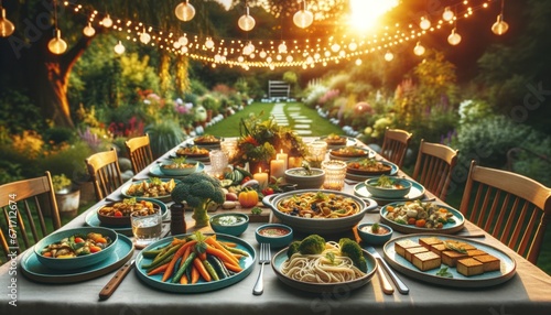 A vibrant vegan feast awaits, with a kaleidoscope of colorful dishes adorning the table, illuminated by string lights in an indoor banquet setting photo
