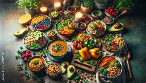 A vibrant display of plant-based goodness awaits on the indoor table, featuring an array of colorful and wholesome bowls filled with a variety of produce and vegan delights