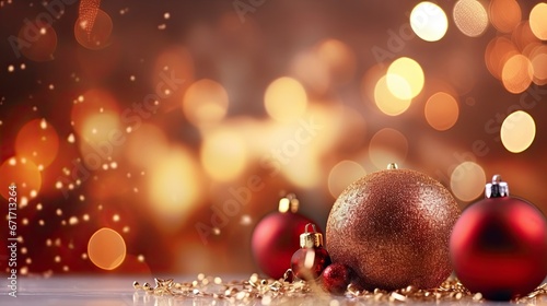 Red shiny baubles Christmas decoration with bokeh background