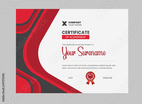 Red Certificate of Achievement template badge and board The award diploma design is blank. Vector Illustration (ID: 671713415)