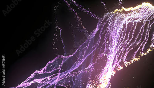 Abstract flowing fluid light particles purple and blue on black background in concept technology, science, space, universe.