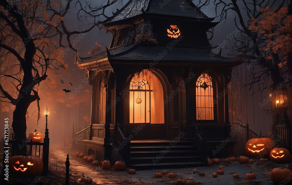 A terrifying Halloween night with jack-o'-lanterns and vampire bats