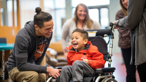 A child who is in a wheel chair smiling and being hugged by another person.