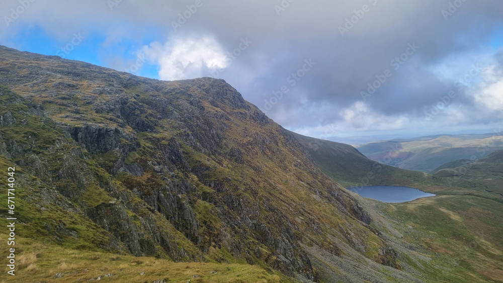 Beautiful views Aran Fawddwy mountain in southern Eryri (Snowdonia) National Park in Wales on a cloudy day