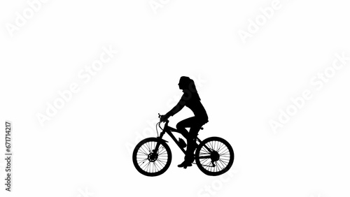 Portrait of female model. Black silhouette of female in casual clothing riding a sport bicycle. Isolated on white background with alpha channel.