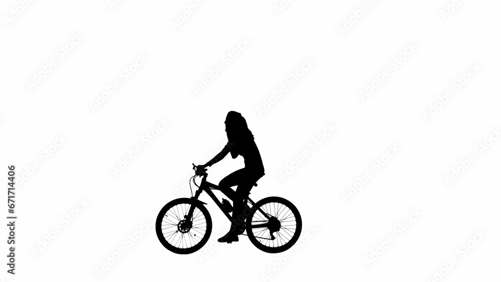 Fototapeta premium Portrait of female model. Black silhouette of girl talking answering call on smartphone on a bike. Isolated on white background alpha channel.