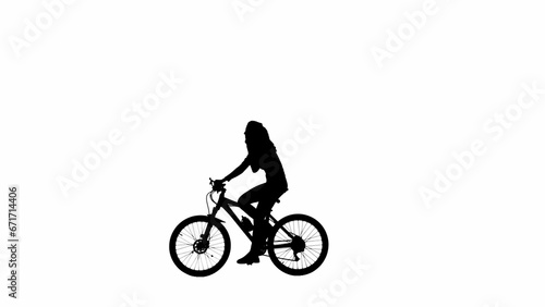 Portrait of female model. Black silhouette of girl talking answering call on smartphone on a bike. Isolated on white background alpha channel.