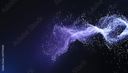 Abstract flowing fluid light particles purple and blue on black background in concept technology, science, space, universe. photo