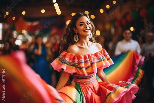Vibrant fiesta celebration with colorful Mexican decorations and traditional folk dancers. Festive culture, fiesta fiesta, Mexican traditions, joyful celebration.