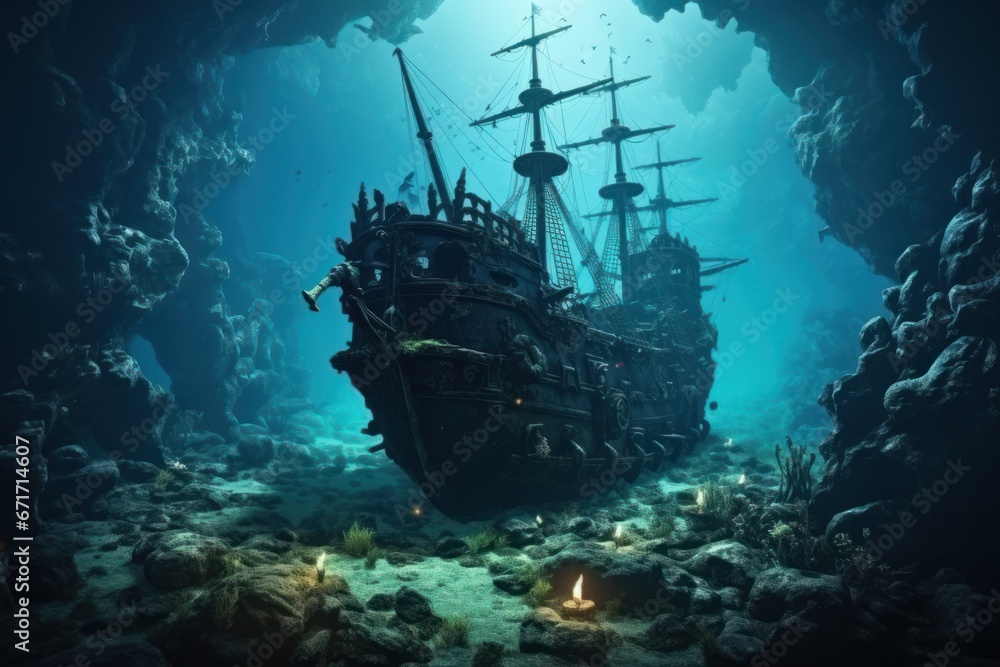 Mysterious underwater shipwreck with marine life thriving. Underwater ...